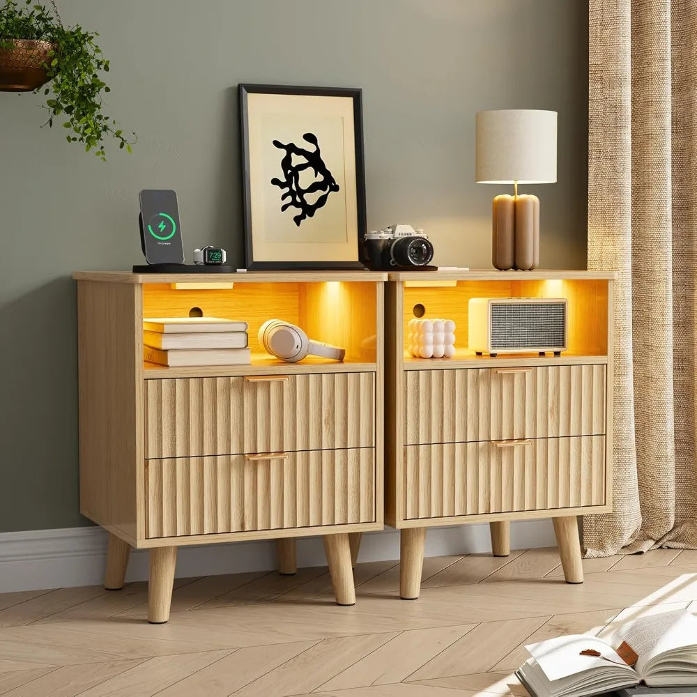 Fluted Nightstand Set of 2 with Charging Station,LED Nightstand with 2 Drawers and Open Storage Cubby, Modern Bedside，Customized