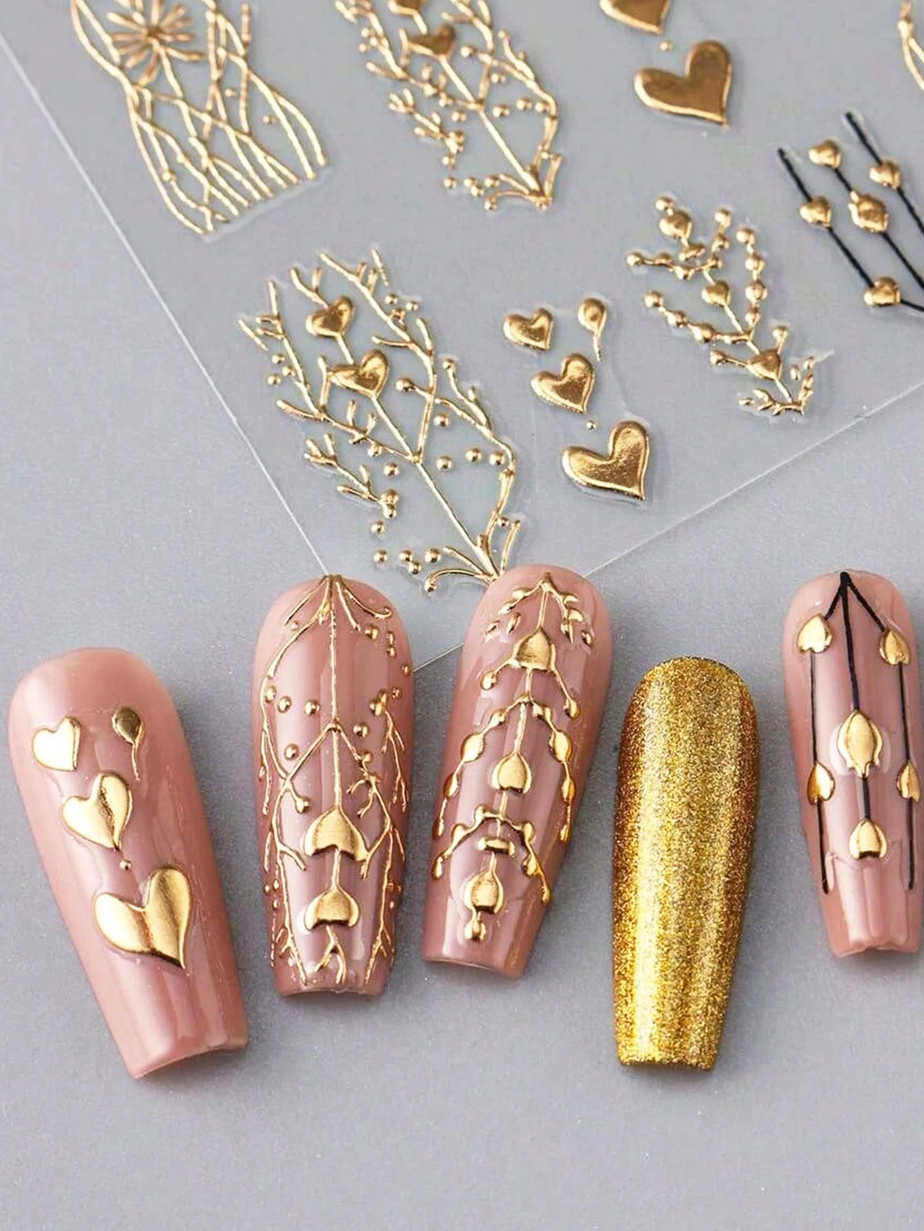 2pcs 3D Bronzing Heart Stickers For Nails Metallic Golden Heart Designs Glitter Self Adhesive Nail Art Decals For Valentine's Da