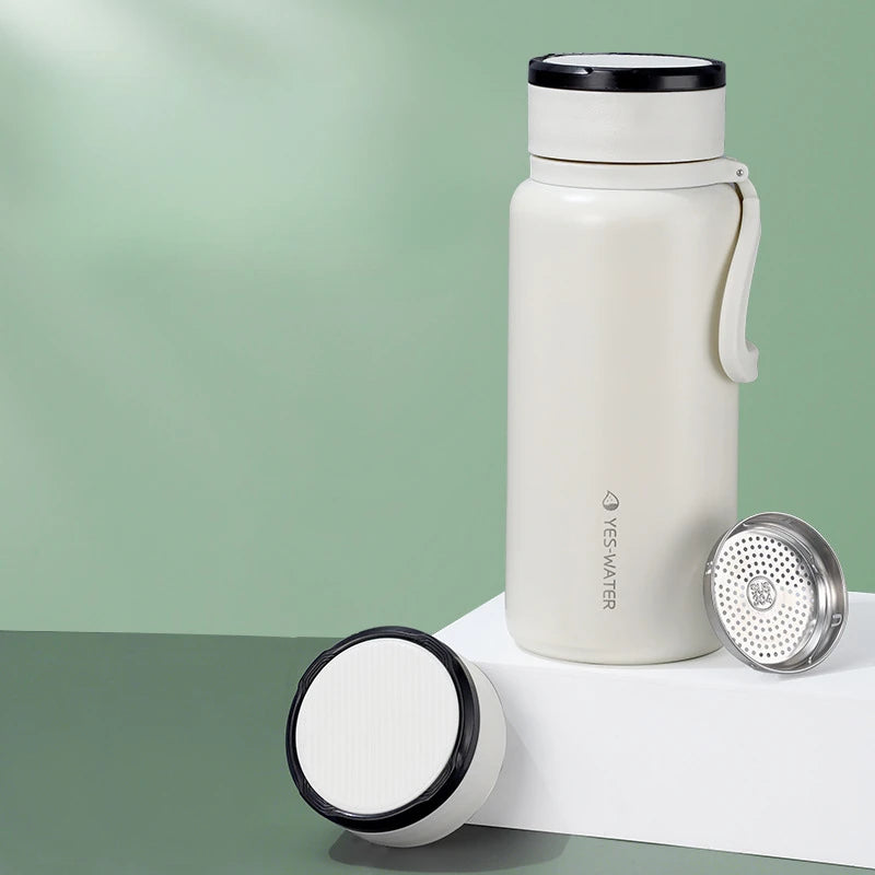 Vacuum Flask with Tea Infuser and Stainless Steel Filter Leak-Proof Tea KettleTravel Thermos Cup with Carrying Strap and Rope