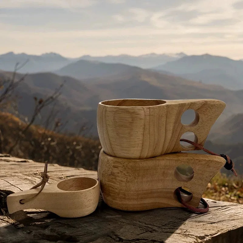 Outdoor Solid Wood Mugs Camping Portable Lanyard Finland Cup Handmade Large Capacity Milk Coffee Cups