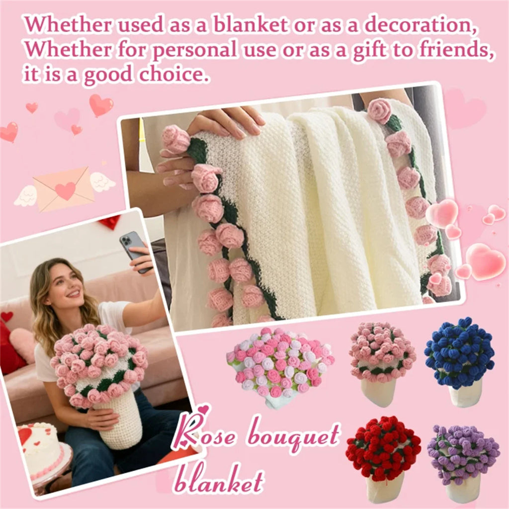 Finished Woven Blanket Rose Flower Blanket Bouquet Blanket Crochet Flower Bouquet Blanket Wedding New Year Valentine's Day Gifts
