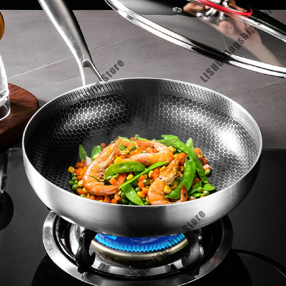 28cm Frying Pan Wok 316 Stainless Steel Honeycomb Steak skillet Gas Stove Pot Induction Saucepan Kitchen Cookware Non-stick Pan