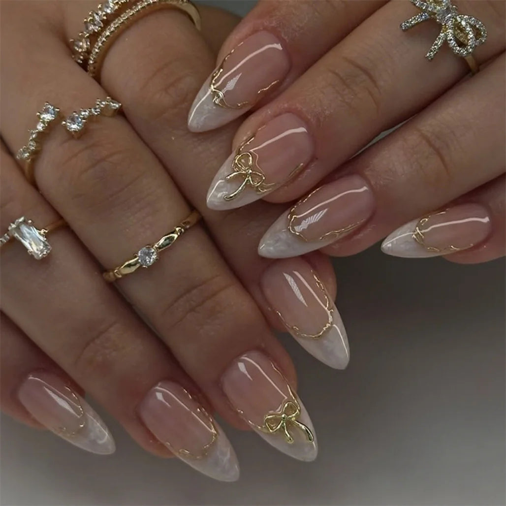 French Gold Edge Bow Press On Nails Almond Shape, Sweet Cute Women's False Nails Glue On Nail Tips