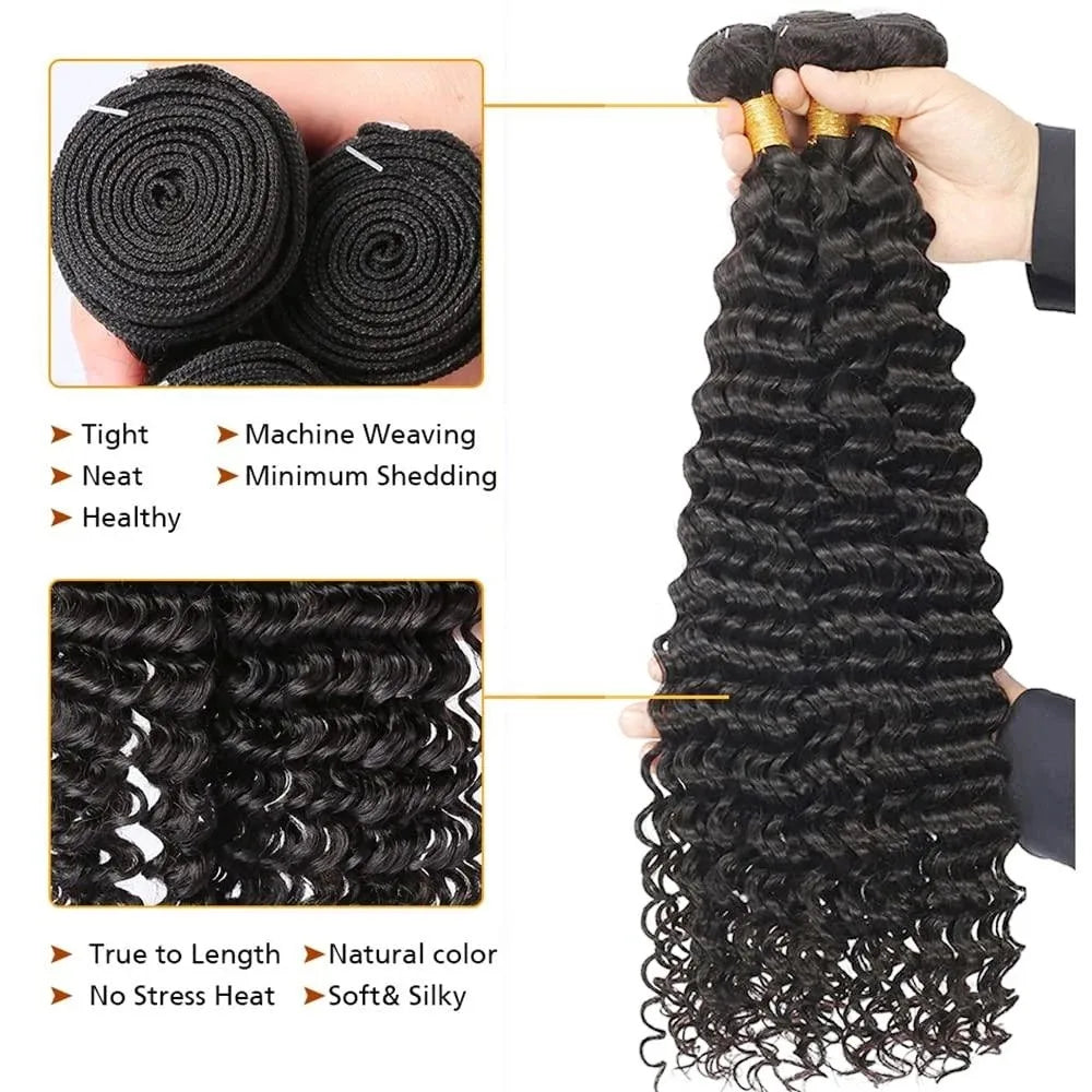 GOWIK Remy 30 32 32Inch Deep Wave Human Hair Bundles Brazilian Unprocessed Weaving Curly Hair Bundles 1 3 4 Extensions Deals