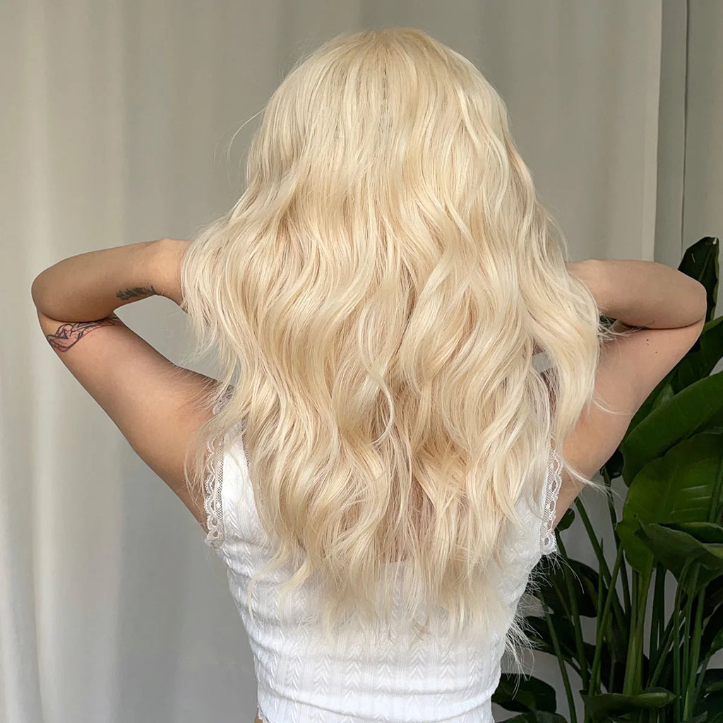 HENRY MARGU Long Wavy Blonde Synthetic Wigs Platinum Daily Natural Hair Wigs With Bangs Cosplay Wig for Women Heat Resistant