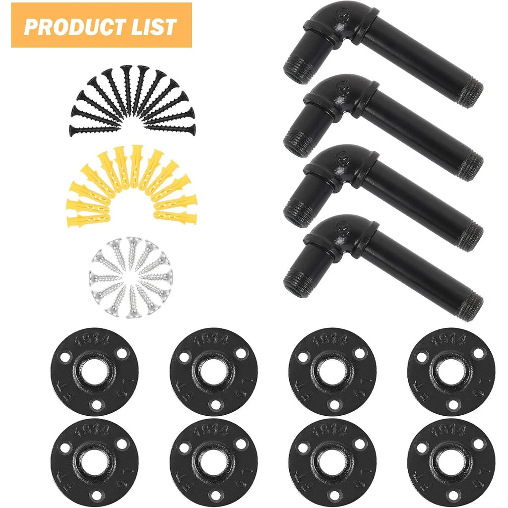Industrial Iron Pipe Shelf Brackets 4-Pack - Heavy Duty Floating Shelves for DIY Wall Mount, Black