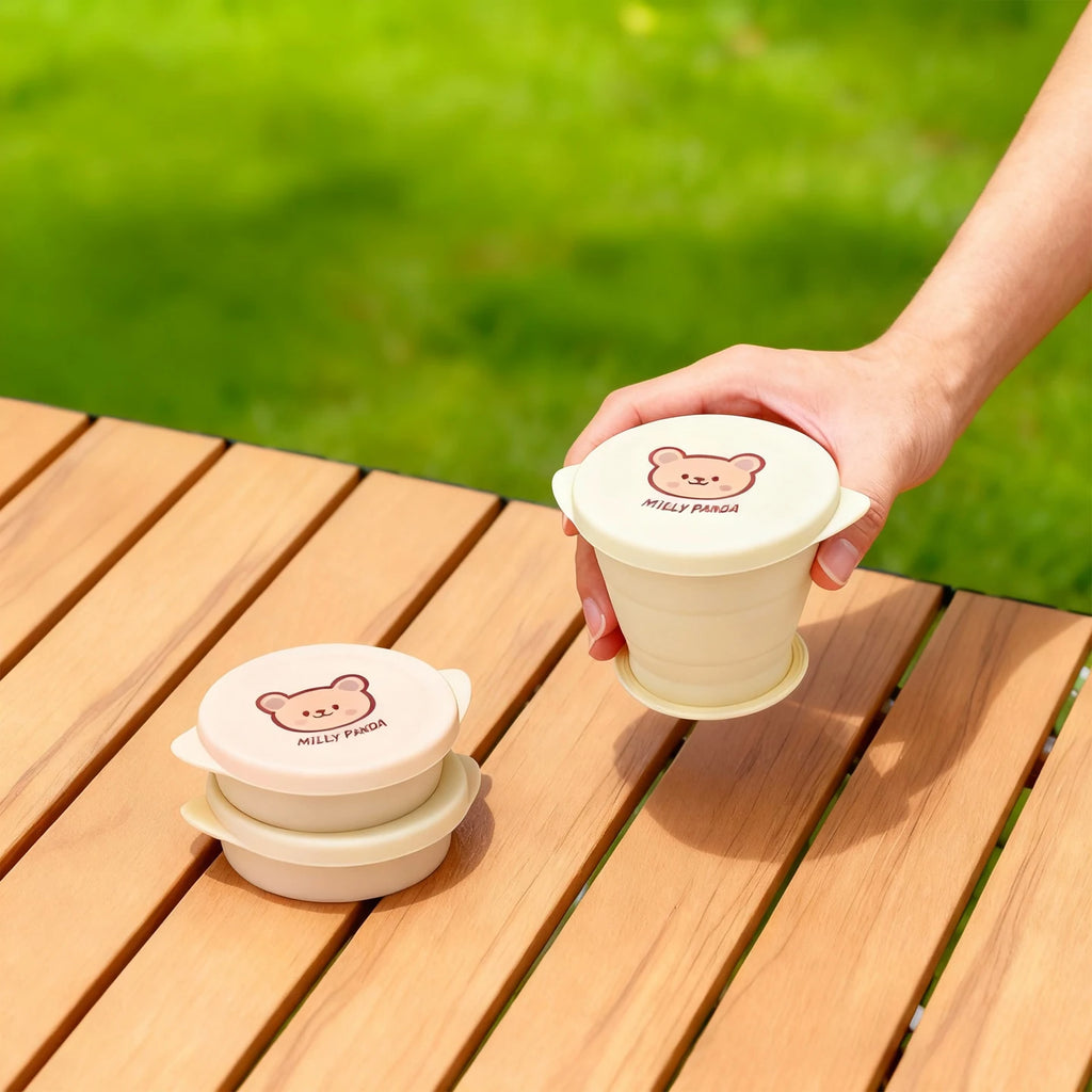 Outdoor Portable Silicone Folding Cups With Lid Cute Bear Heat-Resistant Telescopic Collapsible Water Mug for Travel Camping