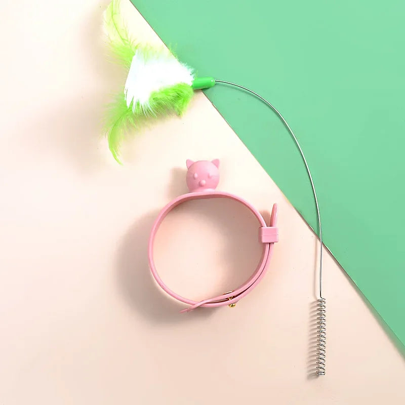Interactive Cat Toy Self-hi Game for Cats Feather Teaser Stick with Bell Cat Teaser Stick Collar Kitten Playing Pet Accessories