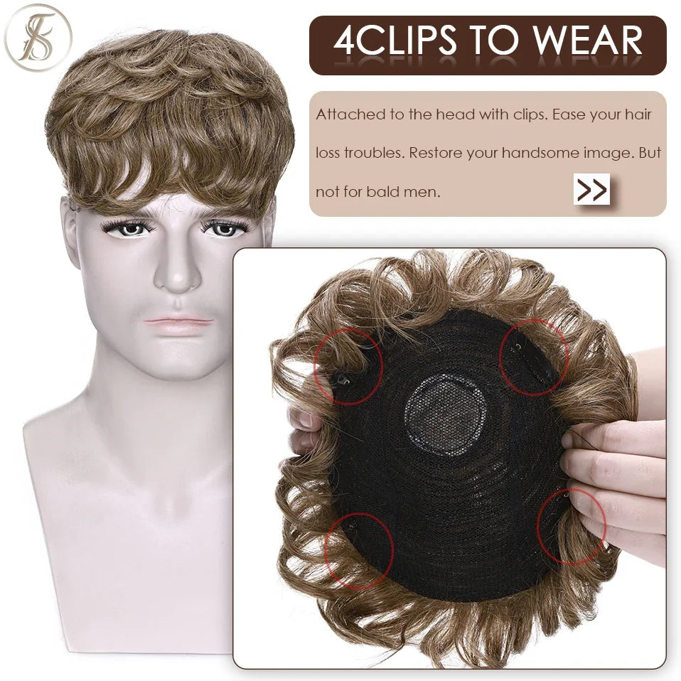 TESS Mens Hair Replacement System 35g Men Toupee 16x19cm Human Hair Wig Men Capillary Prothesis Male Clip In Hair Extensions