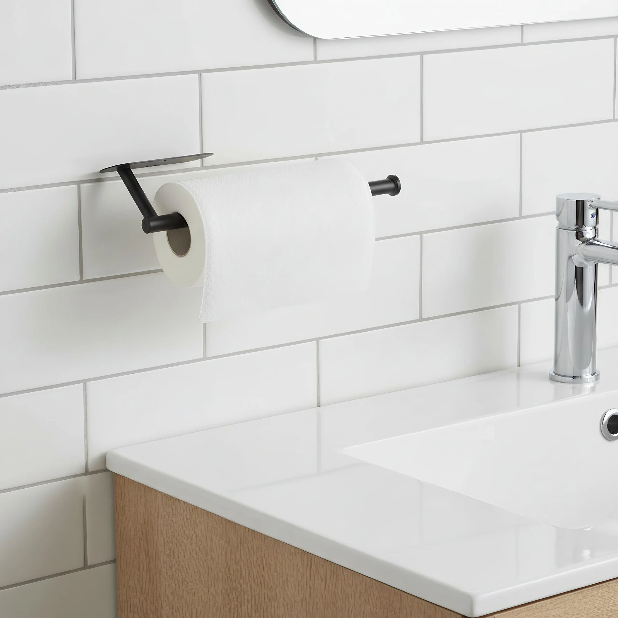 Under Cabinet Paper Towel Holder Black Minimalist Space-Saving No Drilling Kitchen Organizer 30cm Stainless Steel
