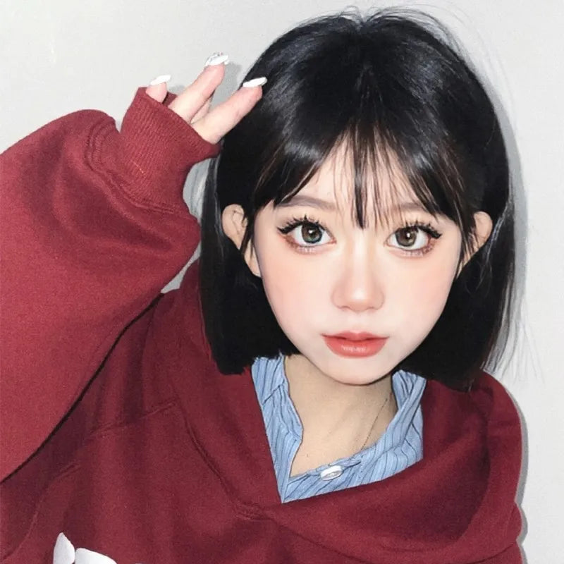Punk style synthetic wig female short black hair air bangs high temperature silk synthetic fiber straight hair full head cover