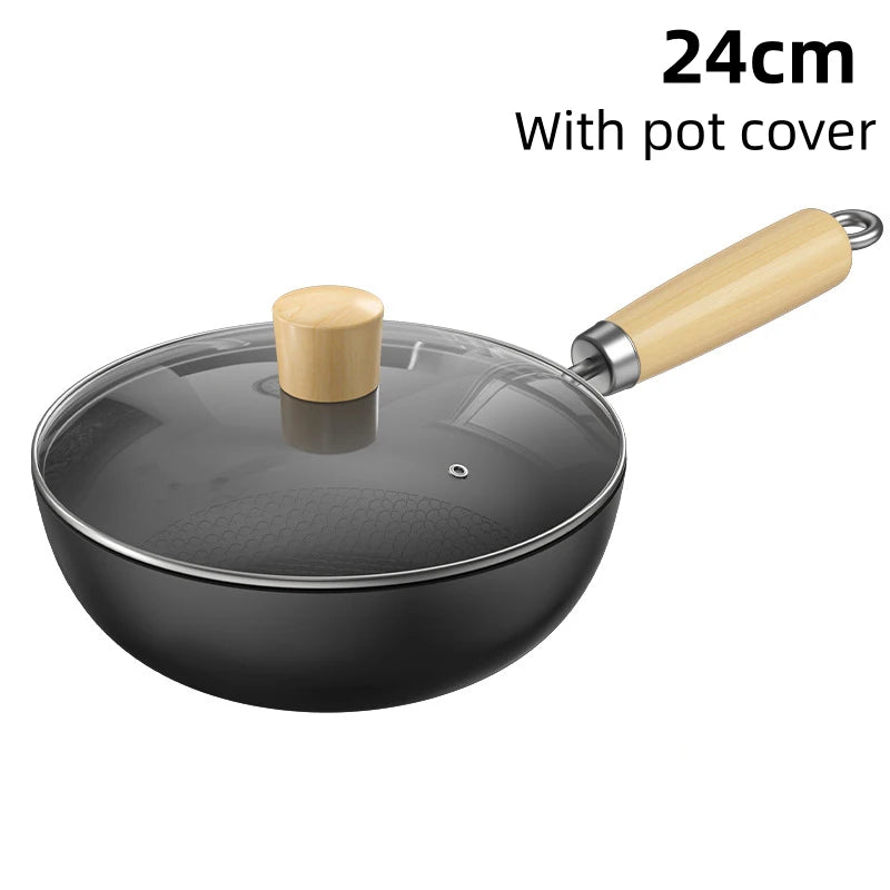 Non-stick iron pan frying pan with lid uncoated gas stove induction cooker universal stew pot cookware handmade steak wok pan