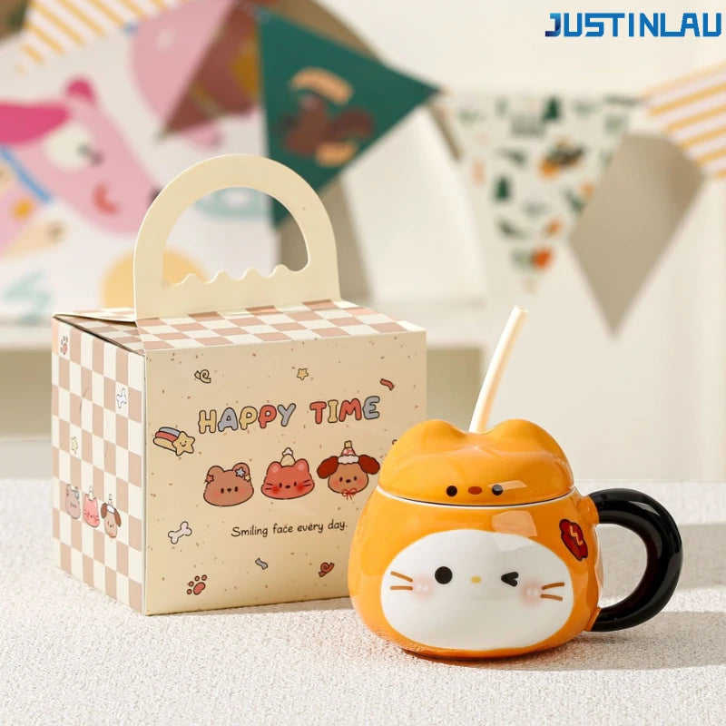 Set of Sesame-shaped Ceramic Cup Cat Grass Straw Cup with Lid and Straw Coffee Cup Breakfast Milk Cup Instagram-style Coffee Cup