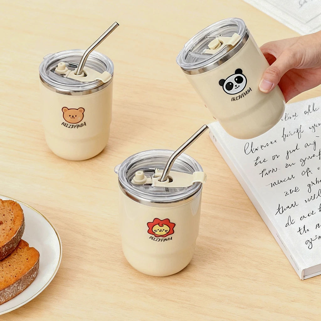 WORTHBUY 304 Stainless Steel Double Wall Insulated Coffee Mug With Straw Portable Cute Leak Proof Drinking Cup Tumbler For Kids