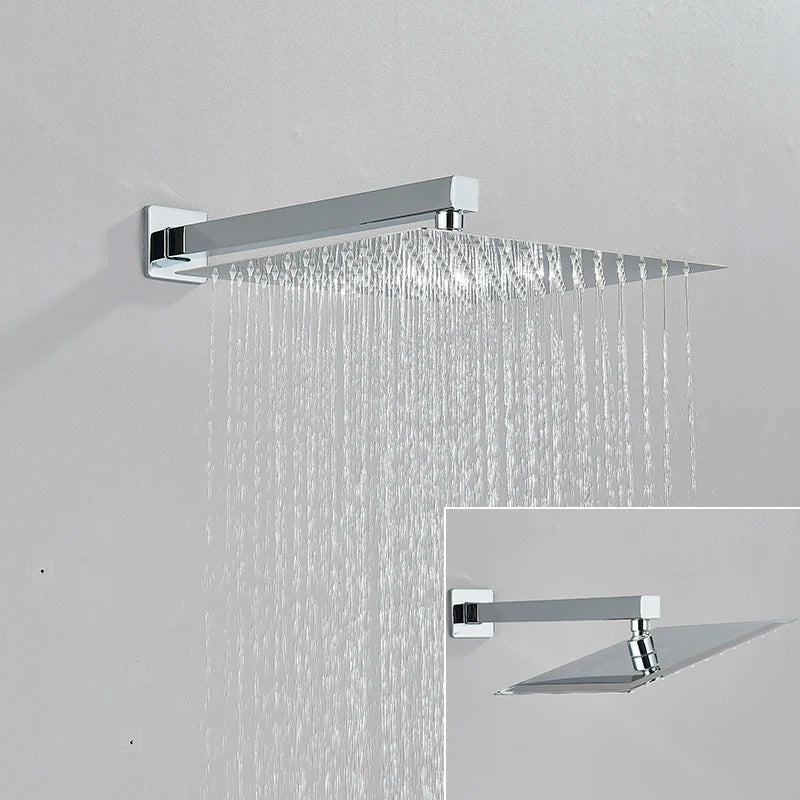 Ultra-thin Shower Head Water Saving Rainfall Stainless Steel Square 8/10/12inch with Shower Arm Wall Mount Bathroom Accessory