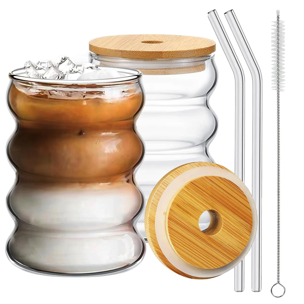Leeseph 2pcs Creative Glass Cups with Lids and Straws Brush, Cute Cup Wave Shape Beverage Glasses for Juice Coffee Tea Ice Drink