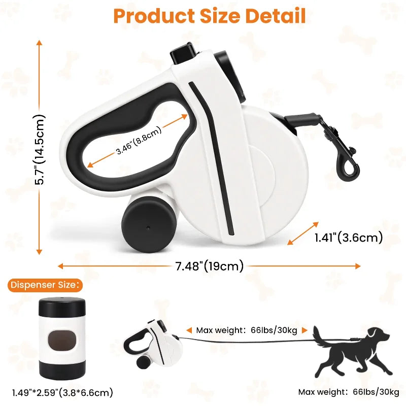 LED Retractable Dog Leash, Reflective & Tangle-Free with Poop Bag Holder for Night Safety, Black