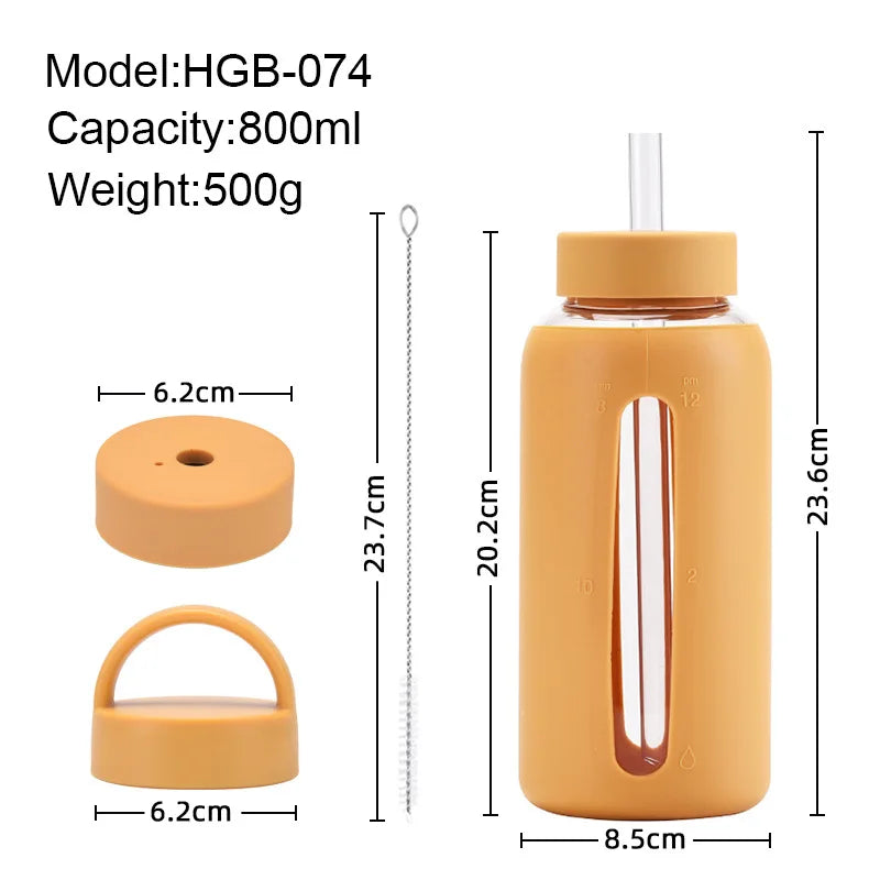 800ml Large Capacity Glass Cup, Double Lids,Silicone Sleeve,Anti-hot Heat Insulation,Outdoor Portable,Graduated Water Bottle,Mug