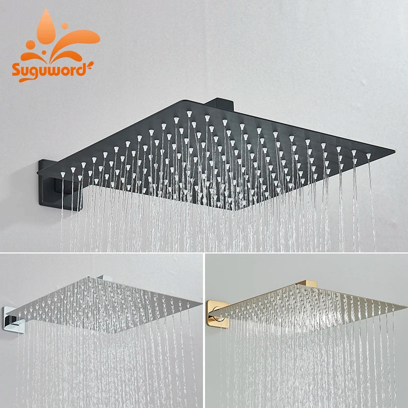 Ultra-thin Shower Head Water Saving Rainfall Stainless Steel Square 8/10/12inch with Shower Arm Wall Mount Bathroom Accessory
