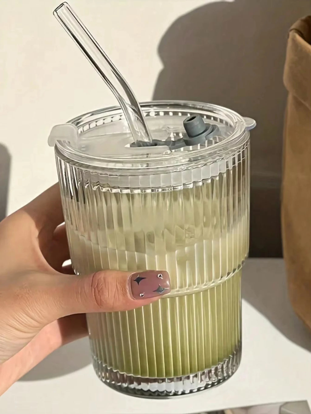 450MLTransparent Glass Coffee Mug with Lid and Straw, Stylish Vertical Stripes Design, Perfect for Iced Americano Latte Milk Tea
