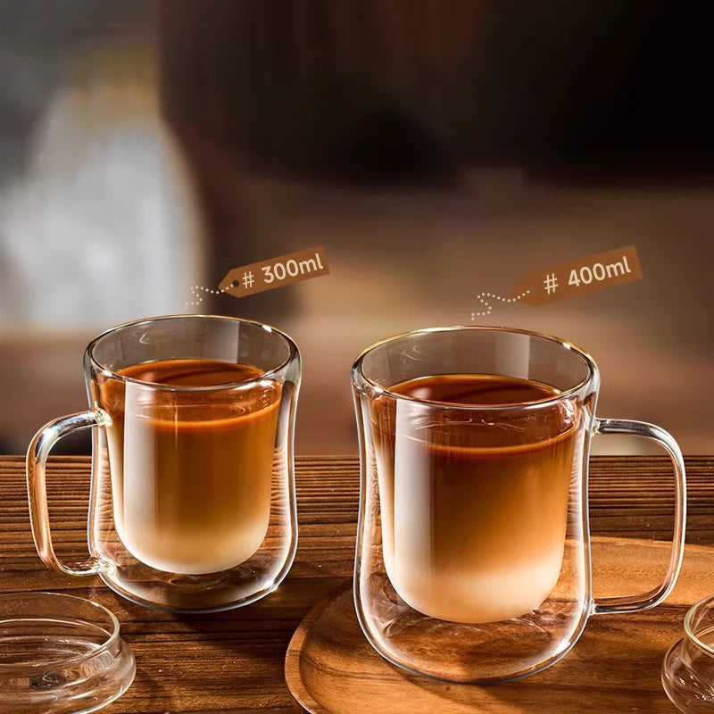 FOME 1/2/4pcs Double Wall Glass Coffee Cups Clear Espresso Mug With Handle For Hot Cold Beverage Milk Juice Teacup Drinkware Set