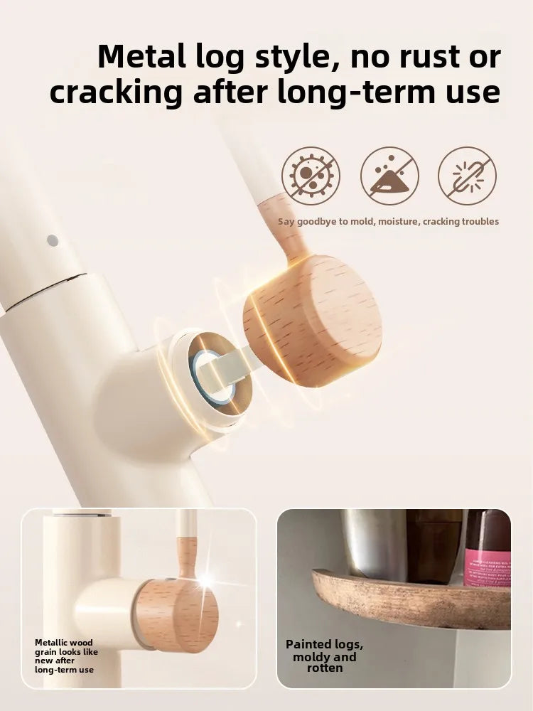 Wooden cream pull-out hot and cold all copper faucet, kitchen retractable rotating vegetable washing sink faucet