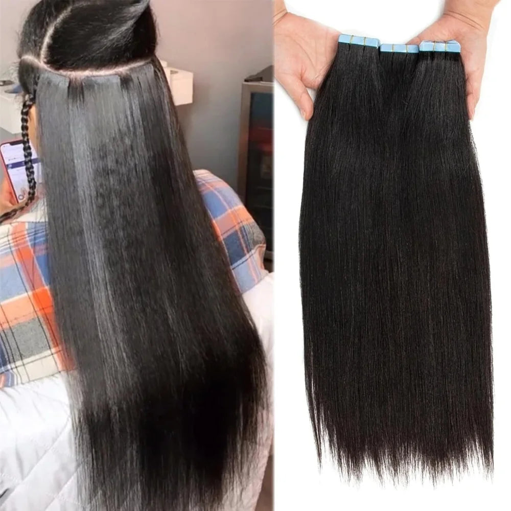Tape In Hair Extensions Remy Human Hair 24 Inch Straight Human Hair Extensions Natural Invisible Seamless Tape Hair Extensions