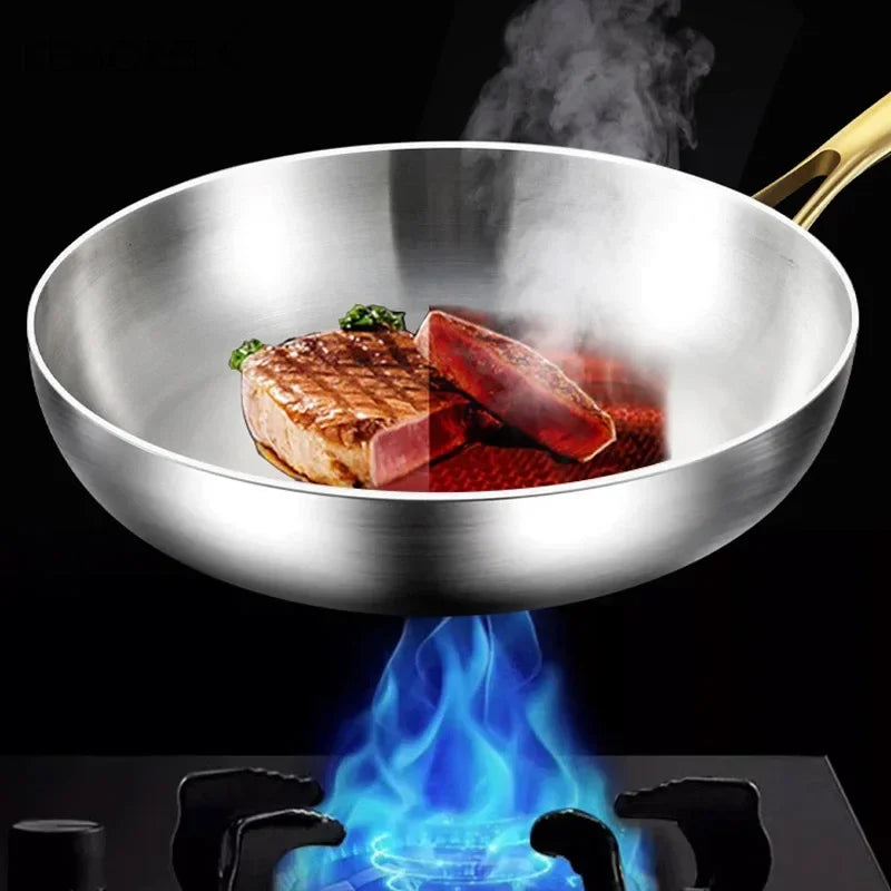 3PCS/Set 316 Stainless Steel Gold Handle Frying Pan 2MM Thick Wok Pan 5 Ply Steel Food Grade Safety Non-Stick PansMultiple Sizes