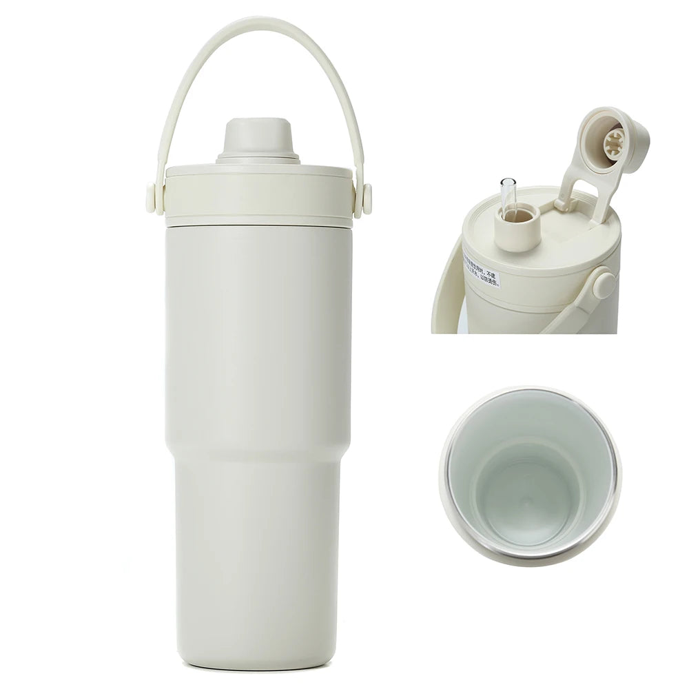 Ceramic Tumbler with Handle Thermal Mug Large 24OZ Straw Portable Cold Coffee Thermos Lined insulated Vacuum Flask Travel Bottle