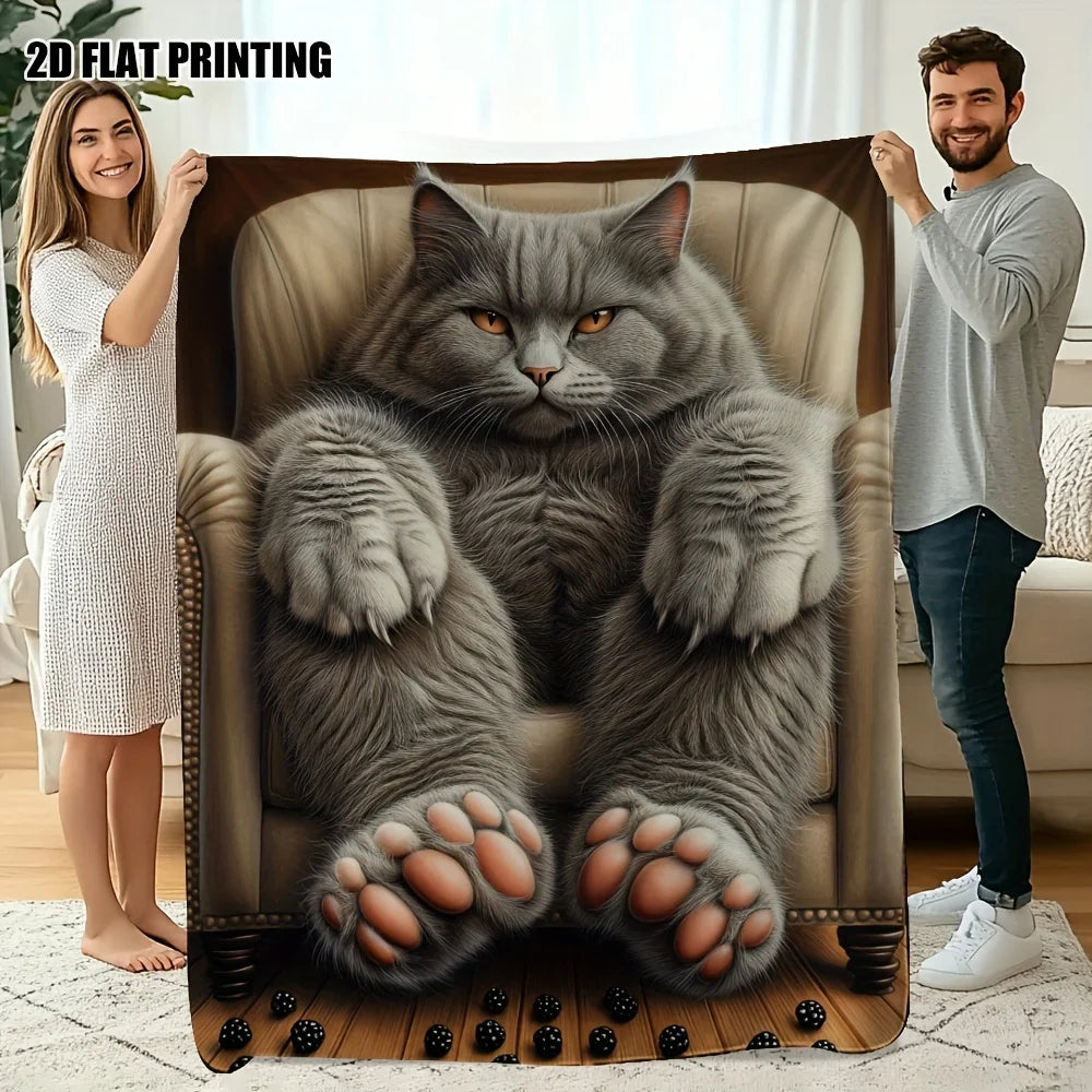 Extra Large Cat Face Blanket – Soft British Shorthair Flannel Throw with Paw Prints for Cat Lovers