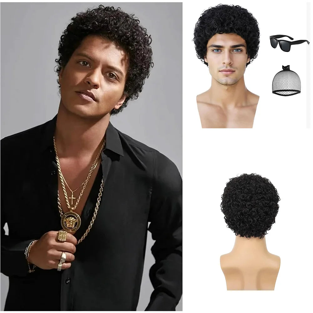 Synthetic Mens Short Afro Curly Wig With Glass for Male 70s 80s Disco Guy Rocker Halloween Cosplay Fancy Daily Party Costume