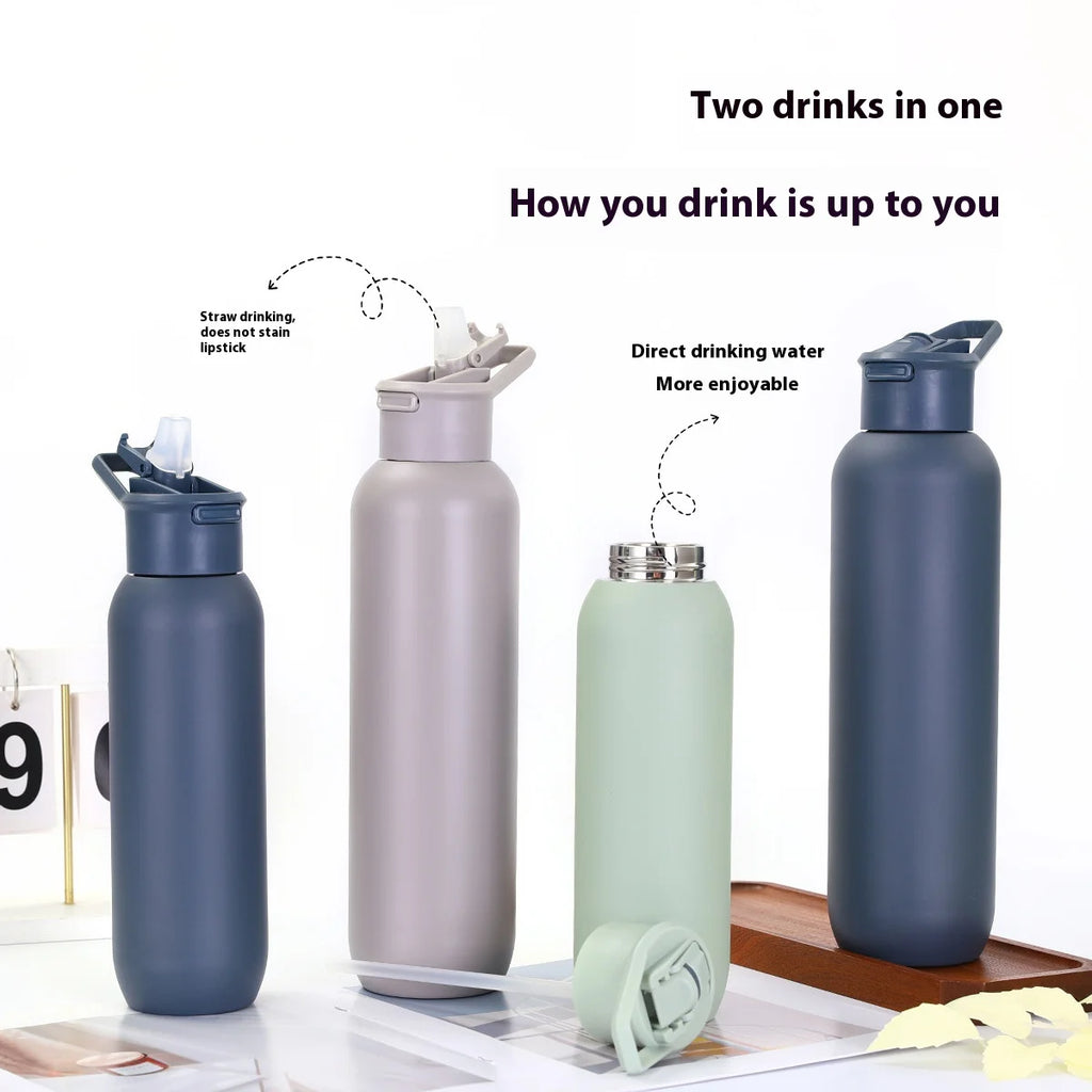 Portable Sports Water Bottle 304 Stainless Steel Double-layer Insulated Cup for Mountaineering with Handle and Small Spout