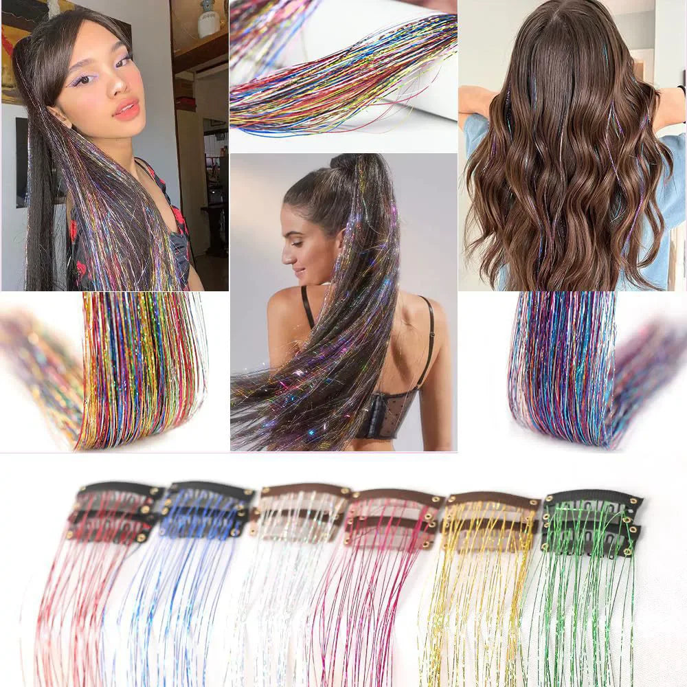 12Pcs Synthetic Hair Tinsel 20Inch Clip in Glitter  Tinsel Hair Clip in Hair Tinsel Kit Heat Resistant Shiny Sparkle Fairy Hair