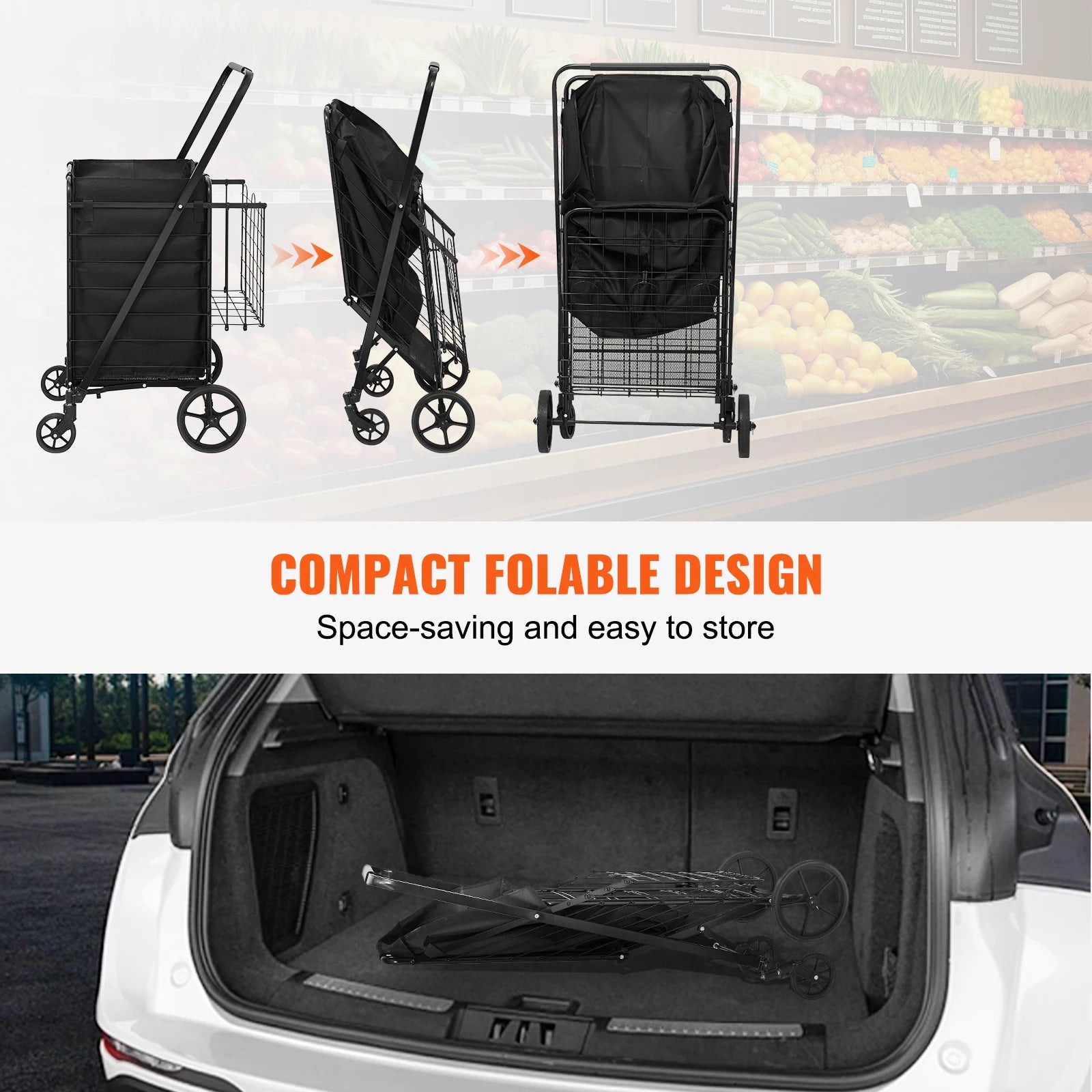 SucceBuy Folding Shopping Cart w/ Removable Waterproof Liner 106/330LBS Large Capacity 360° Swivel Wheels Dense Metal Mesh Base