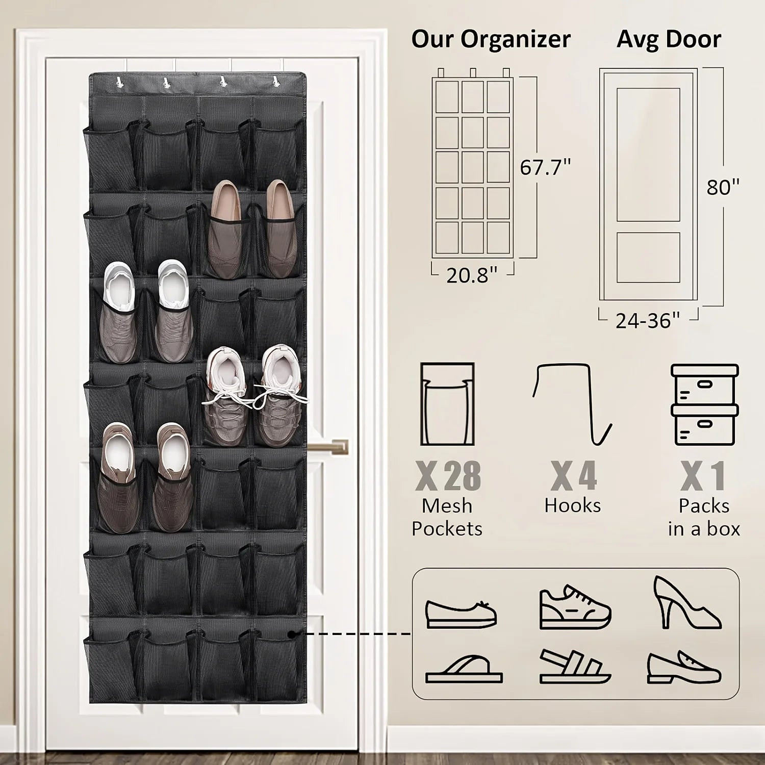 1pc 14/28/40-Grid Transparent Fabric Hanging Organizer Foldable Storage Bag For Shoes Underwear | 24-hour Shipping