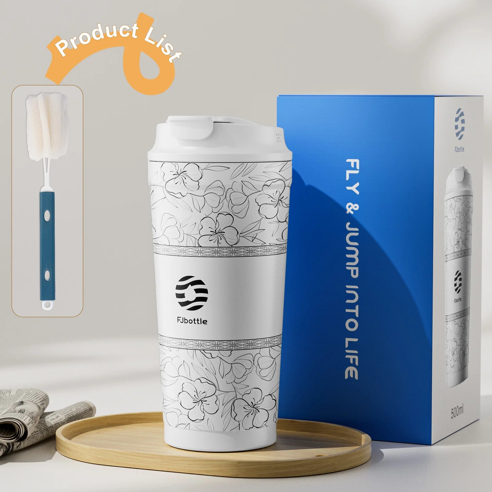 Fjbottle 500ml Flower Coffee Mug Stainless Steel Vacuum Flask Straw and Direct Drinking Insulated Tumbler Coffee Cup