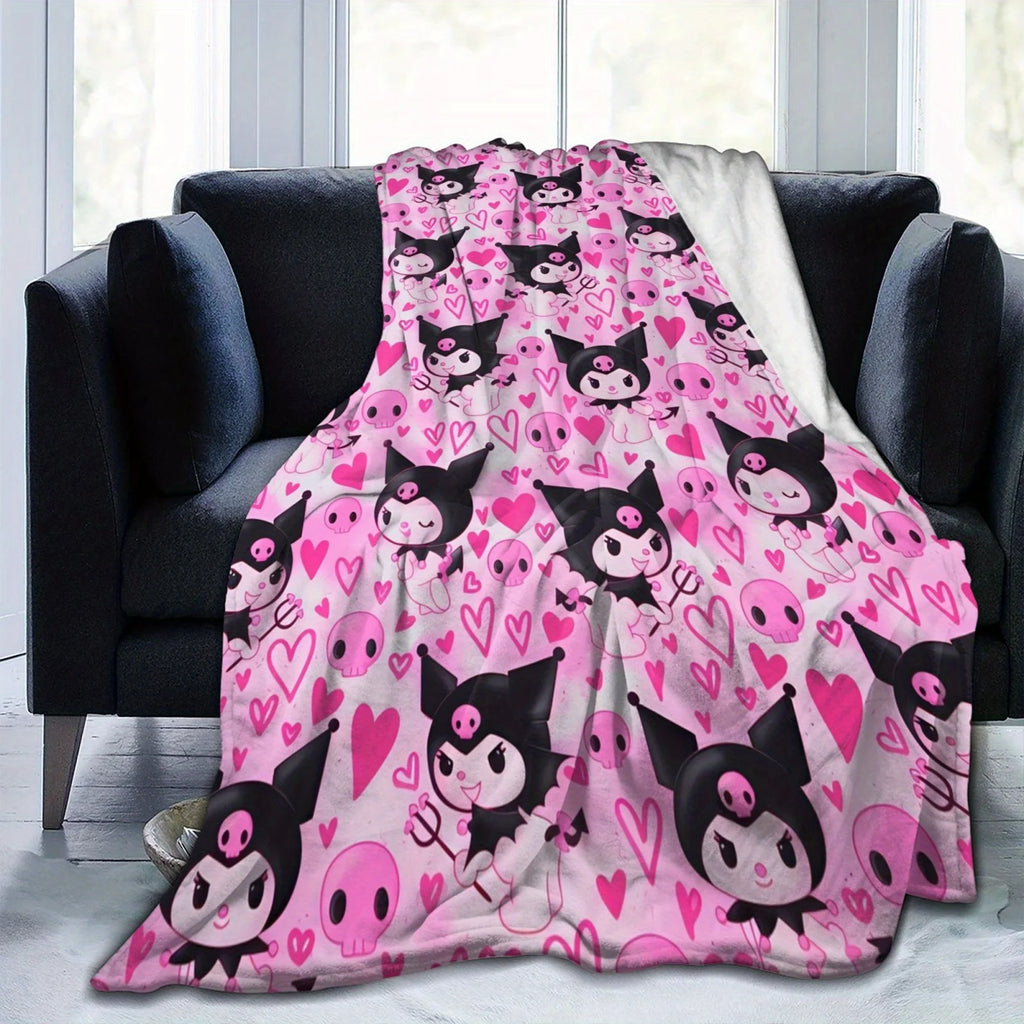 Kuromi Pink Skull Throw Blanket Single Sided Print Flannel Blanket Bedroom Living Room Couch Decor Cute Edgy Vibe Accessory Gift
