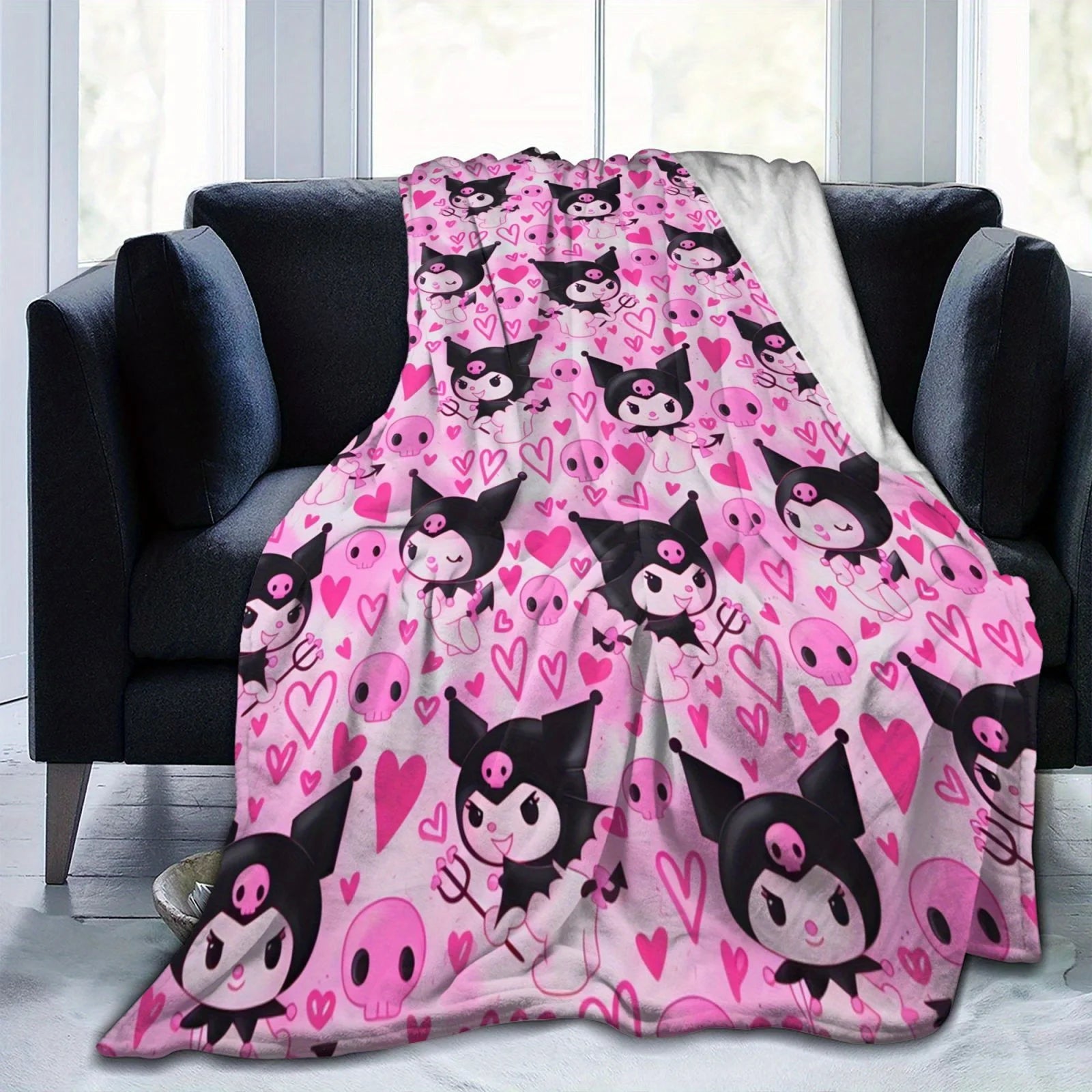 Kuromi Pink Skull Throw Blanket Single Sided Print Flannel Blanket Bedroom Living Room Couch Decor Cute Edgy Vibe Accessory Gift