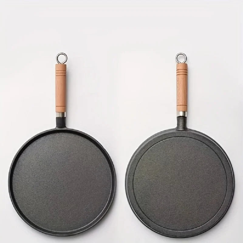 JUSTINLAU Cast iron Frying Pan Uncoated Flat-bottomed Pan Nonstick Steak Pancake Barbecue Baking Pan with Anti-scald Wood Handle