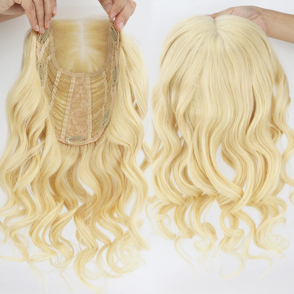 4x4inch Lace Topper with Open Weft 20" Natural Wave Real Remy Human Hair Toupee for Women #613 Light Blonde Natural Soft Scalp