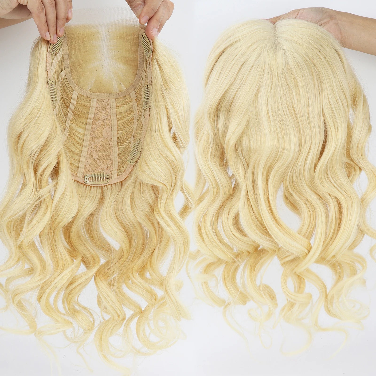 4x4inch Lace Topper with Open Weft 20" Natural Wave Real Remy Human Hair Toupee for Women #613 Light Blonde Natural Soft Scalp