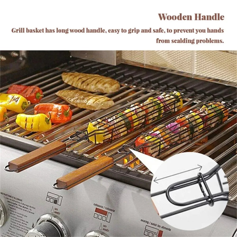 1/2/4PCS BBQ Grill Basket with Wooden Handle Reusable Nonstick  Lock Barbecue Mesh Clip for Outdoor Grill Vegetable Meat Hot Dog