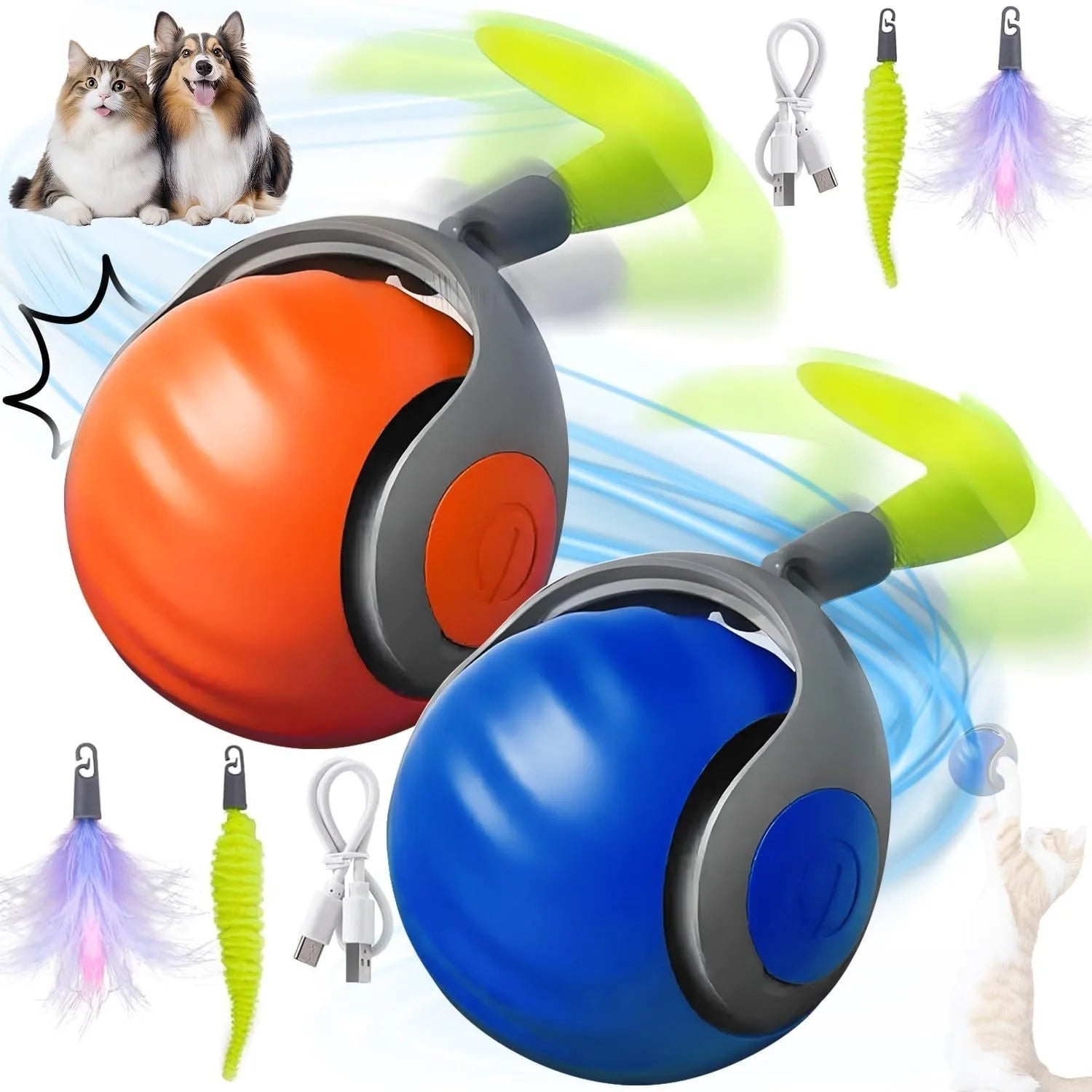 Smart Interactive Cat Toys Ball Automatic Rolling Ball with Faux Tail USB Rechargeable Electric Pet Toy for Teaser and Training