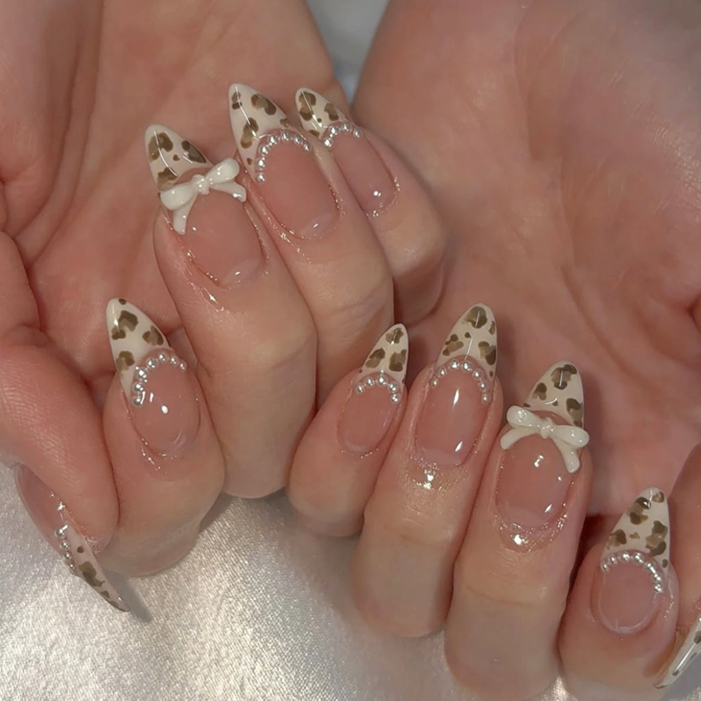 10Pcs Pink French Style Fake Nails 3D Bowknot Designs Short Square Press on Nails Sweet Korean Fashion False Nail for Women Girl