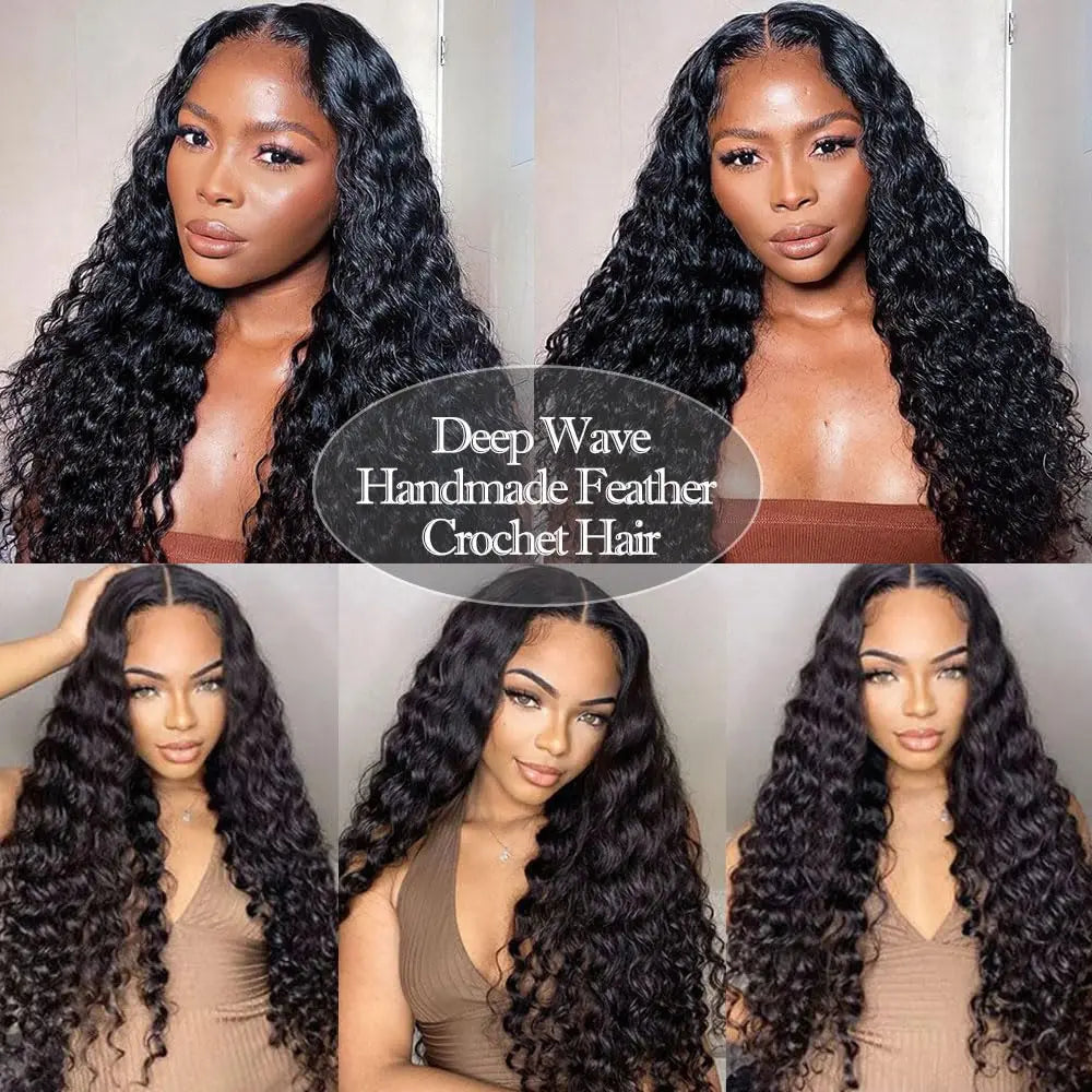 12A Deep Wave Knotless Pre-Separated Crochet Hair Extensions Curly Water Wave Crochet Hair Natural Black Feather Human Hair