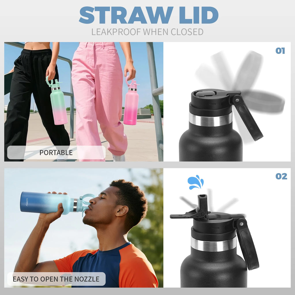 WATERSY 500ml Stainless Steel Water Bottle with Handle & Straw, Double Wall Insulated Thermal Cup, Vacuum Flask for Sports