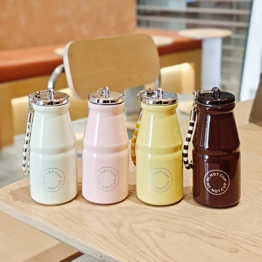 280ML Milk Coffee Cup Leak Proof with Hanging Chain Stainless Steel Pocket Cup Macaron Color Insulated Water Bottle