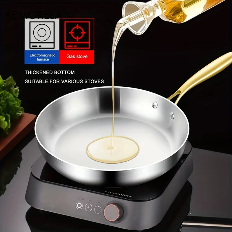 3PCS 316 Stainless Steel Gold Handle Frying Pan 2MM Thick Wok Pan 5 Ply Steel Food Grade Safety Non-Stick Pans Multiple Sizes