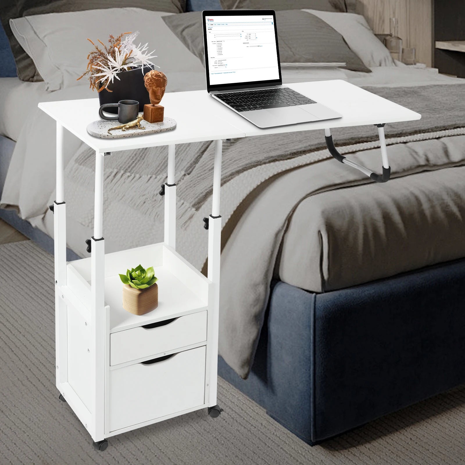 Movable Bedside Table Warp-Proof OverBed Desk Height Adjustable EASY Cleaning Multi-Function Bed Table for Bedrooms/Dormitories