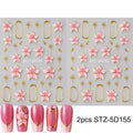 2pcs Embossed Hibiscus Flower Nail Art Sticker Pink Flower With Golden Metal Ring Charm Self-Adhesive Decals Manicure Decoration